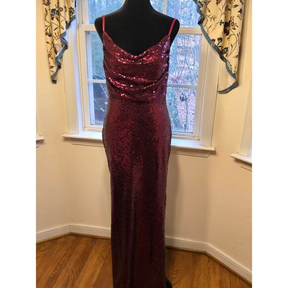 Revelry Full Length Sequined Dress Fitted Slip Dress Cowl Neck Burgandy Size‎ 10 - Picture 1 of 8